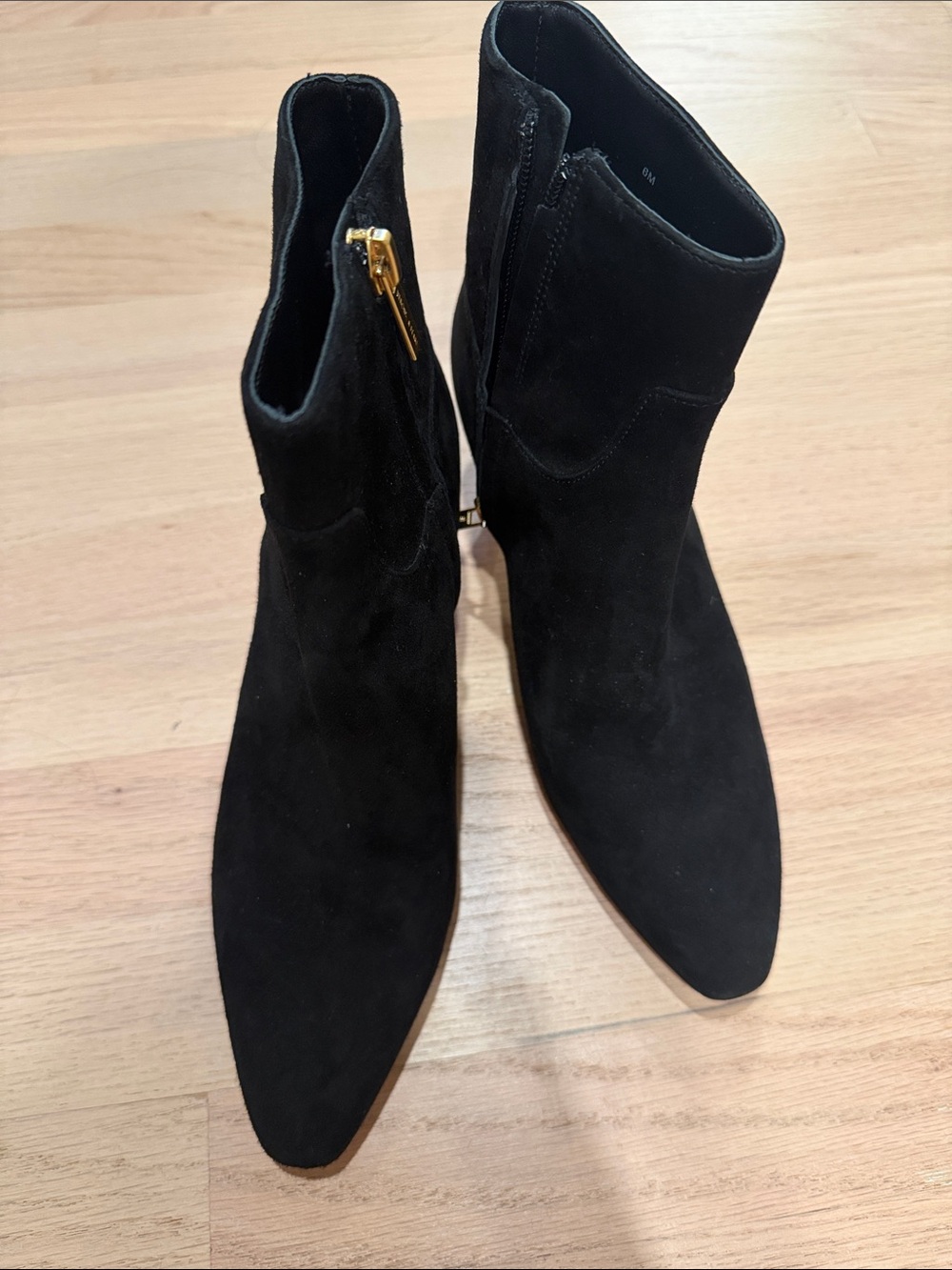Veronica Beard Black Suede Pointed Ankle Booties with Gold Zipper